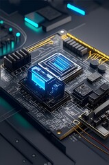 Photo of a close up of a computer motherboard with blue lights