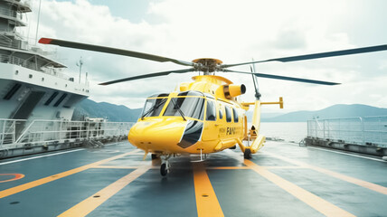 Yellow Emergency rescue helicopter on ship. Themes rescue, help and hope.

