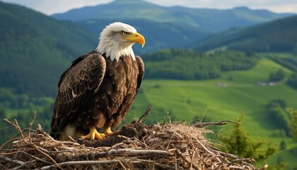 bald eagle in nest on mountain