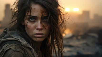 Resilience Amidst Ruin: The End of the World Survivor (apocalypse, wasteland, end of civilisation, aftermath, apocalyptic, catastrophe, armageddon, dystopia, dystopian world, future, close up)