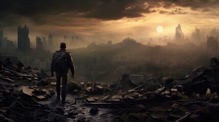 Eternal Twilight: Witnessing the End of the World (Digital Art, Apocalypse, wasteland, end of civilisation, aftermath, apocalyptic, last survivors, ruins, armageddon, dystopian world, dystopia)
