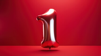 Red foil balloon number 1 on red background, Happy birthday balloon banner.