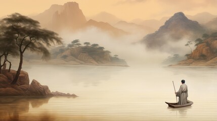 Chinese river with mountains background and a man with boat. Wide river scenery.