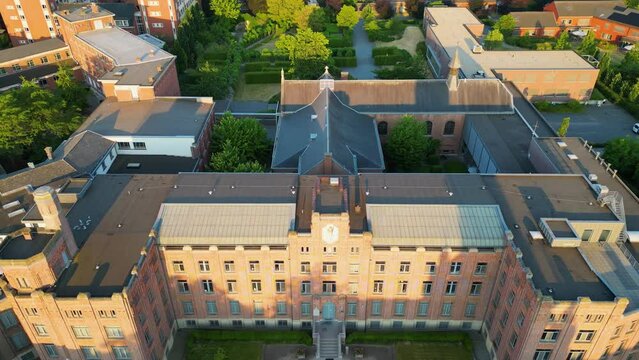 Duffel, Antwerp, Belgium, 15th of June, 2023, Aerial view over the old monastery of Sint-Norbertus, Saint Norbert, in the town or village of Duffel, in the Antwerp area aerial photo showing the houses