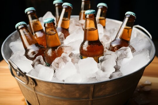 Beer filled bottles chill inside pail cradled by ice for refreshing coolness Generative AI