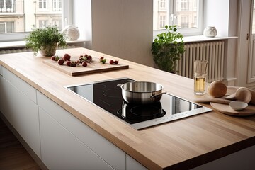  White kitchen with wooden countertop with induction cooktop