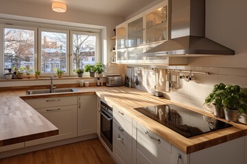  White kitchen with wooden countertop with induction cooktop - obrazy, fototapety, plakaty