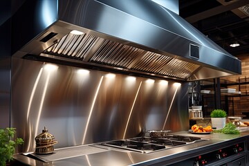 kitchen metal hood with illumination close-up, extractor hood in the restaurant, electrical...