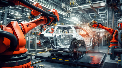A factory uses a robot arm to assemble a car. Auto industry assembly line.