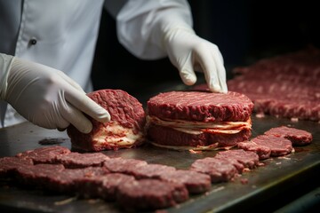 The art of butchery unfolds as skilled hands process flavorful hamburger patties Generative AI