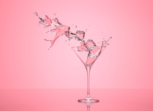 Martini cocktail with splash and ice cubes against pink background - 3D illustration