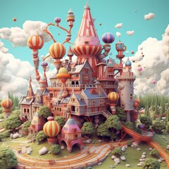 Illustration, Animation, Graphic Depicting a Colorful Fairyland, Castle Made of Balloons, City of Childlike Dreams, Colorful Fairytale City, Castle from Dreams