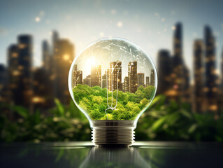 Ecological light bulb with city and green plants. The concept of renewable energy and preserving the planet.