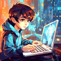 Illustration, Animation, Graphic: Smiling Boy Using Technology, Joy of Learning on Laptop, Computer, Child laptop user, Happy Boy with Remote Learning, Youth and Technology, schoolboy, pupil, student 