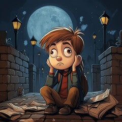 Lost Child Sitting Alone in an Empty Alley, Scared and Confused, Nighttime, Darkness, Lanterns, Child Doesn't Know What to Do, Runaway, Illustration, Animation, Cartoon
