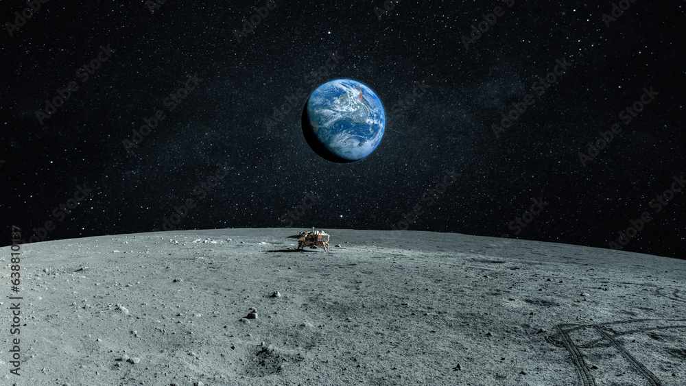 Aufkleber new space lunar mission. landscape of the moon with stones and craters with a spacecraft on the surf