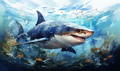 Fototapeta premium Underwater world, close-up shark swims at depth.