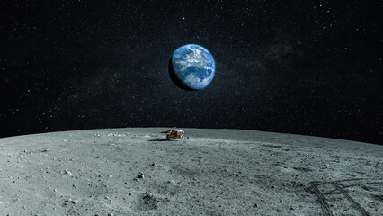 New space lunar mission. Landscape of the moon with stones and craters with a spacecraft on the...