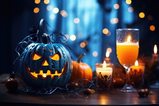 Dark halloween pumpkin with candles and coctails