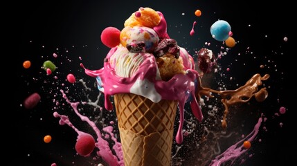 colorfull Melting ice cream cone on soft black background in studio. Ice cream Explosion. food photography