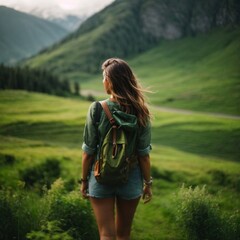 Beautiful young girl hiking in the mountains and looking at hills with grass, summer vacation concept  - obrazy, fototapety, plakaty