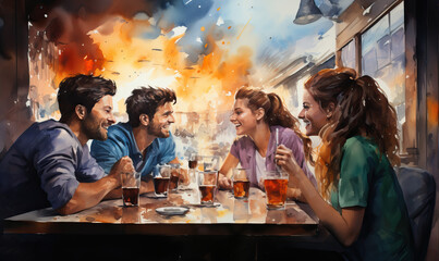 Watercolor drawing, friends chatting in a cafe.