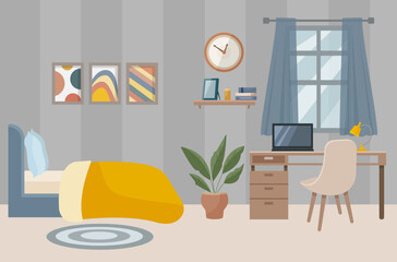 Bedroom with office. Bedroom interior: bed, photo frame, shelves, books, desk, laptop, table lamp, window, home flower. Interior concept. Vector flat illustration.