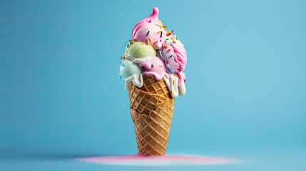 colorfull Melting ice cream cone on soft blue background in studio. Ice cream Explosion. food photography