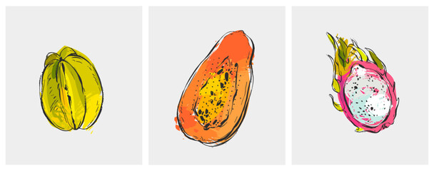 Hand drawn vector abstract freehand textured unusual tropical print,poster or cards set collection with dragon fruit,papaya and carambola in bright colors isolated.Tropical fruits design concept.
