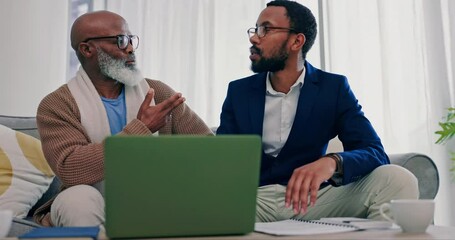 Financial advisor, senior man and computer for asset management, retirement planning and thinking or advice. African men or clients on sofa for home meeting, laptop information and investment choice