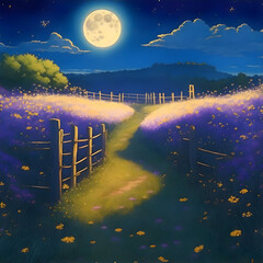 Default a painting of a field with a path and a full moon .