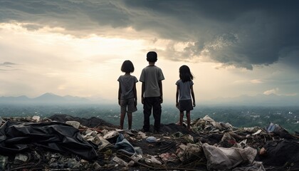 children standing in front of a garbage pit - obrazy, fototapety, plakaty