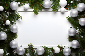 New Year background frame with Christmas tree branches and balls