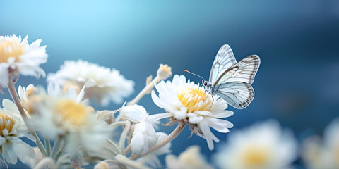 Beautiful white yellow daisies  with fluttering butterfly in summer in nature against background of blue sky with clouds.