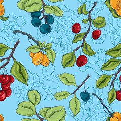 Seamless background collection of twigs with fruits on a blue background. Sea buckthorn, cherry and blueberry twigs.