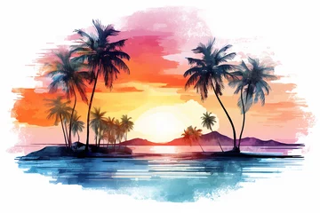 Foto op Canvas Sunset over the sea on tropical beach with palm tree and colorful sky watercolor vector Generative AI © Wida