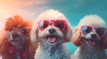 Portrait of tree funny dogs with sunglasses and funny style on the pastel blue and pink background