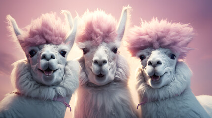 Portrait of tree alpacas with sunglasses and funny hairstyle on the pastel blue and pink background