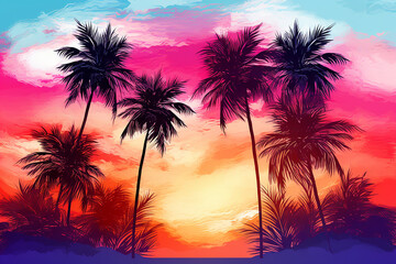 Fototapeta na wymiar Sunset over the sea on tropical beach with palm tree and colorful sky watercolor vector Generative AI