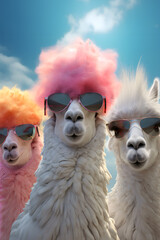 Portrait of tree lamas with sunglasses and funny hairstyle on the pastel blue and pink background