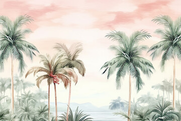 Fototapeta na wymiar Beautiful seamless floral pattern background. Landscape with watercolor palm trees. Generative AI
