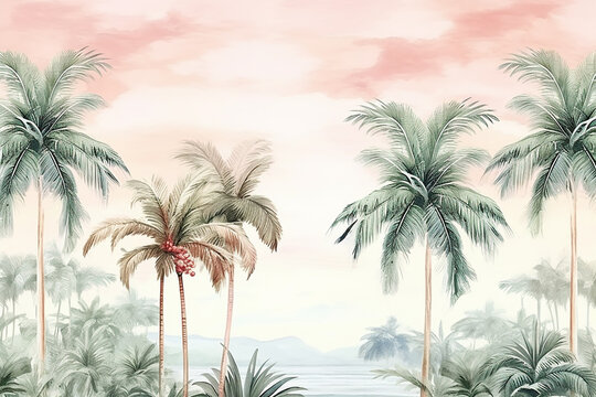 Beautiful seamless floral pattern background. Landscape with watercolor palm trees. Generative AI
