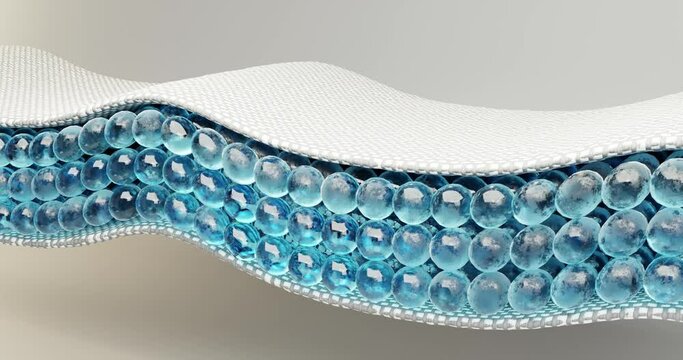 3d animation of the smooth wave-like structure of the gel layer between the membranes. The composition of the absorbent layer, saturation with water. A layer of fabric, fibers, blue mollecules