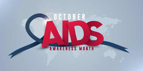 Aids awareness Month October with red text and world map background poster design vector illustration.