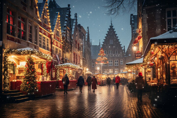bustling shot of a Christmas market in a snowy town square, featuring charming stalls, twinkling lights, and cheerful people  - obrazy, fototapety, plakaty