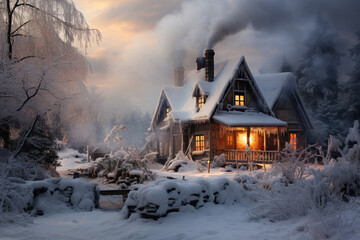 cozy photo of a charming cottage nestled in a snow-covered landscape, smoke rising from the chimney, evoking a storybook scene 