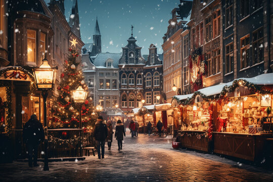 bustling shot of a Christmas market in a snowy town square, featuring charming stalls, twinkling lights, and cheerful people 