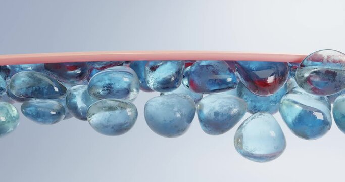3d animation restoring the water balance of the skin, smoothing wrinkles. Transparent spheres rise up lifting the surface layer.