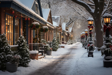 photo capturing the charm of a small town's snow-covered streets lined with shops, bustling with...
