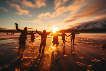 dynamic photo of people ice skating on a frozen lake, surrounded by a snowy landscape, capturing the grace and joy of the moment